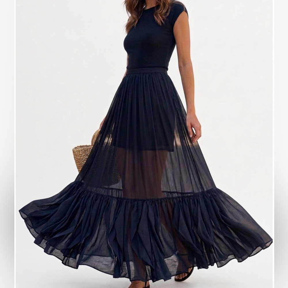 J.Crew Collection Tiered Chiffon Maxi‎ Skirt Black, Semi Sheer Half Lined 18 NWT